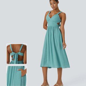 Deep V Neck Sleeveless Backless Tie Back Cut Out Pocket Flowy Mid Dress Blue NWT